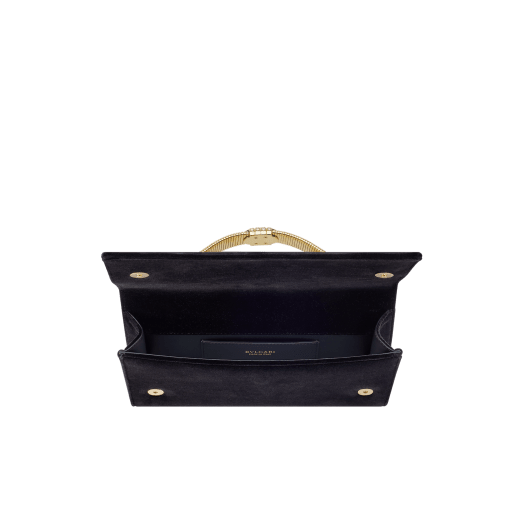 Bvlgari Tubogas evening clutch in black velvet with black nappa leather lining. Iconic Tubogas handle in gold-plated brass embellished with zirconia and a magnetic closure. 295164 image 3