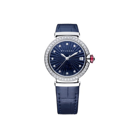 LVCEA watch with stainless steel case set with brilliant-cut diamonds, blue aventurine marquetry dial, 11 diamond indexes and blue alligator bracelet. Water-resistant up to 50 metres. 103620 image 1