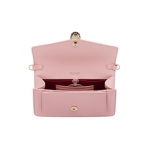 Serpenti Forever East-West small shoulder bag in primrose quartz pink calf leather with heather amethyst pink grosgrain lining. Captivating snakehead magnetic closure in light gold-plated brass embellished with black and white agate enamel scales and black onyx eyes. 1237-Cla image 3