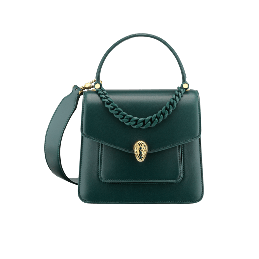 "Serpenti Forever" small maxi chain top handle bag in Forest Emerald green nappa leather, with an Deep Garnet bordeaux nappa leather internal lining. New Serpenti head closure in gold-plated brass, finished with small green malachite scales in the middle, and red enamel eyes. 1133-MCNa image 1
