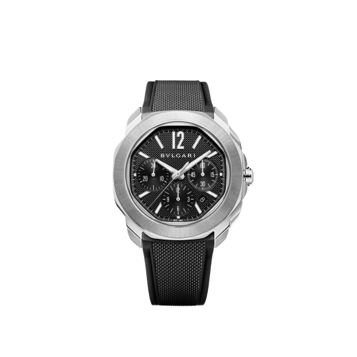 Octo Roma Chronograph watch with mechanical manufacture movement, automatic winding and chronograph functions, satin-brushed and polished stainless steel case and interchangeable bracelet, black Clous de Paris dial. Water-resistant up to 100 metres. 103471 image 5
