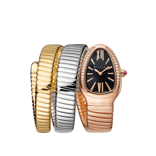 Serpenti Tubogas double spiral watch with 18 kt rose gold case set with round brilliant-cut diamonds, black opaline dial and 18 kt rose, yellow and white gold bracelet 102948 image 1