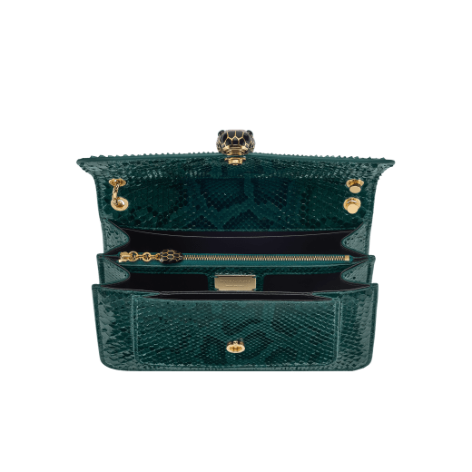 Serpenti Forever medium shoulder bag in Forest Emerald green shiny python skin with black nappa leather lining. Captivating snakehead press button closure in gold-plated brass embellished with black enamel scales, and black onyx eyes. 292580 image 4