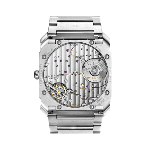 Octo Finissimo watch with mechanical manufacture movement, automatic winding, platinum micro-rotor, hours, minutes and small seconds, extra-thin satin-polished stainless steel case, transparent caseback, polished stainless steel screw-down crown set with ceramic inlay, silvered brushed dial, brushed stainless steel bracelet with polished parts and folding clasp. Water-resistant up to 100 meters 103464 image 4