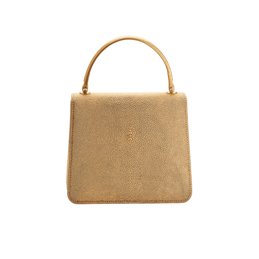 Serpenti Forever top handle bag in gold galuchat skin with black nappa leather lining. Captivating snakehead closure in gold-plated brass embellished with satin-gold scales and black onyx eyes. 752-FG image 3