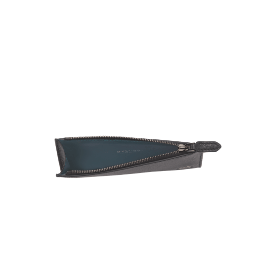 BULGARI BULGARI Man card holder in black Urban grain calf leather with a forest emerald green Urban grain calf leather detail. Iconic dark ruthenium-plated brass décor enamelled in matte black, and zipped closure. 292241 image 2