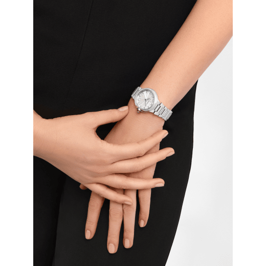 Lvcea watch in polished and satin-brushed stainless steel with automatic movement, white mother-of-pearl intarsio dial and 12 diamond indexes. Water-resistant up to 50 metres 103727 image 1