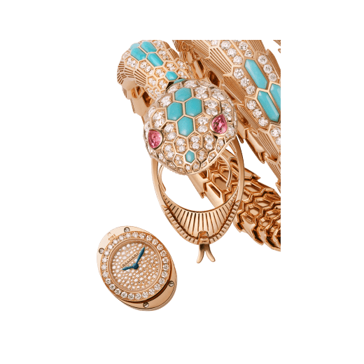 Serpenti Misteriosi High Jewellery secret watch with mechanical manufacture micro-movement with manual winding, 18 kt rose gold case and bracelet set with turquoise inserts, brilliant-cut diamonds and two pear-cut rubellites, with pavé-set diamond dial. 103558 image 4