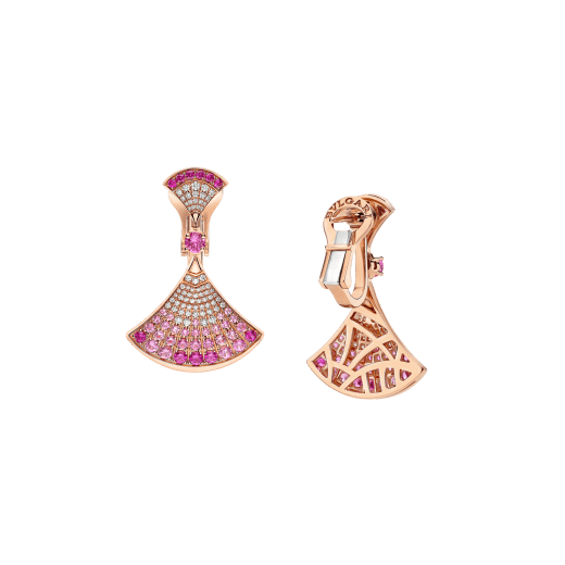 Divas' Dream 18 kt rose gold earrings set with round brilliant-cut pink sapphires and rubies, and pavé diamonds 361109 image 3