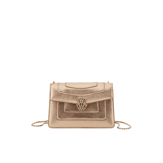 Serpenti Forever mini crossbody bag in light gold Striated calf leather with crystal rose nappa leather lining. Captivating snakehead magnetic closure in light gold-plated brass embellished with black zirconia pavé scales, and black onyx eyes. 293214 image 1