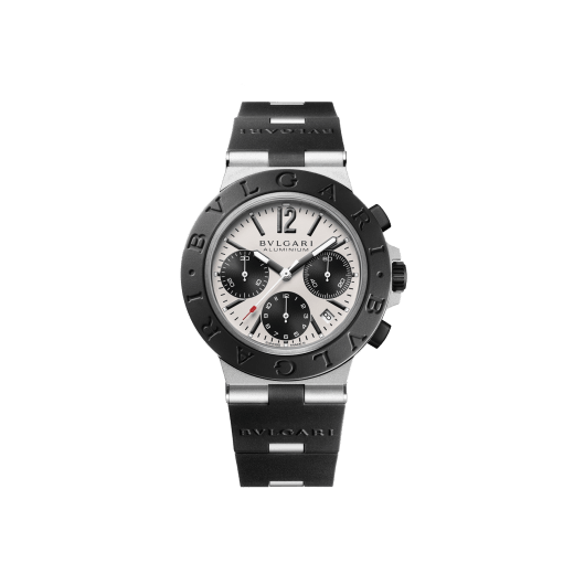 Bvlgari Aluminium watch with mechanical manufacture movement, automatic winding, chronograph, 41 mm aluminium and titanium case, black rubber bezel with Bvlgari Bvlgari engraving, grey dial and black rubber bracelet. Water resistant up to 100 metres 103722 image 1