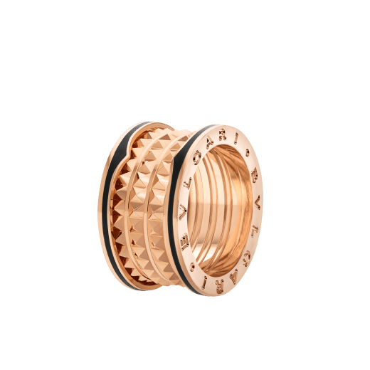 Anillo B.zero1 Rock de cuatro bandas en oro rosa de 18 qt con espiral con incrustaciones e inserciones en cerámica negra en los bordes. AN859089 image 1