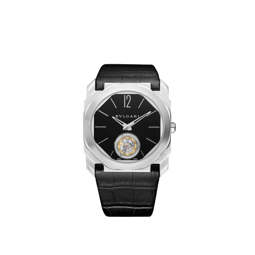 Octo Finissimo Tourbillon watch with extra thin mechanical manufacture movement and manual winding, platinum case, black lacquered dial and black alligator bracelet. 102138 image 1