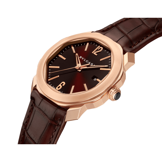 Octo Roma watch with mechanical manufacture movement, automatic winding, 18 kt rose gold case, dark brown lacquered dial and brown alligator bracelet. 102702 image 2