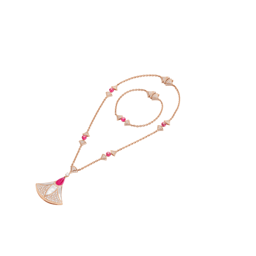 Divas' Dream necklace in 18 kt rose gold set with rubellites, mother-of-pearl elements and pavé diamonds Necklace with a double wearability and a detachable Bracelet 361950 image 5