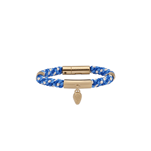 Serpenti Forever bracelet in Niagara sapphire blue, cobalt tourmaline blue and ivory opal woven fabric. Captivating snakehead charm in light gold-plated brass embellished with red enamel eyes, and press-button closure. SERPMULTISTRING-WF-SoB image 1