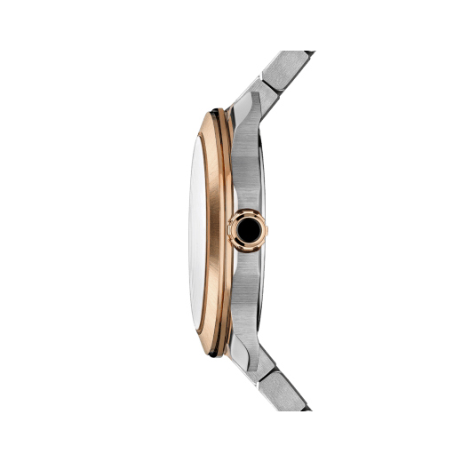 Octo Roma automatic watch with interchangeable blue rubber strap, satin-polished stainless steel case and bracelet, 18 kt rose gold bezel and blue Clous de Paris dial. Mechanical automatic in-house movement. Water-resistant up to 100 metres. 103926 image 3