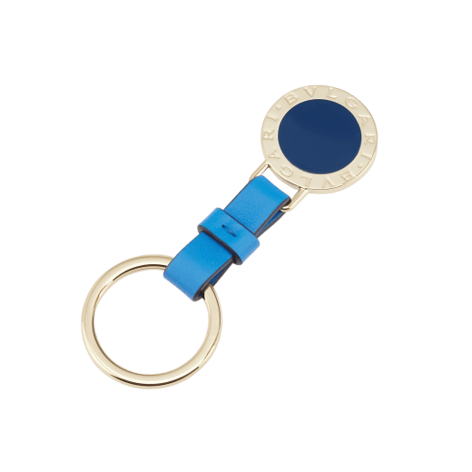 BULGARI BULGARI keyring in light gold-plated brass with a midnight sapphire blue enamel insert and Mediterranean lapis blue calf leather strap. 293353 image 1