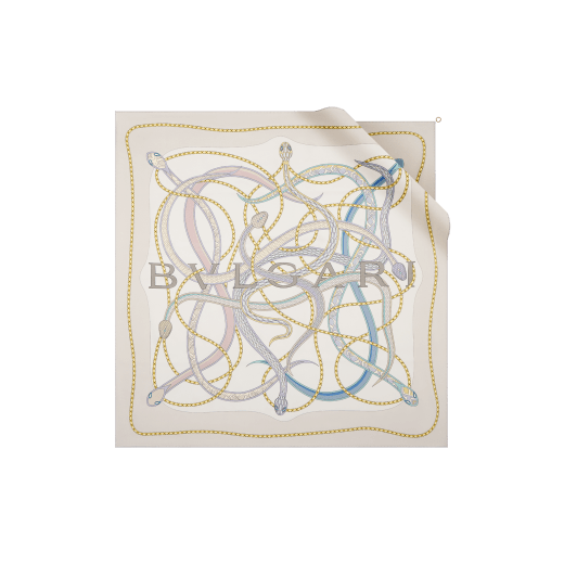 Serpenti 75 scarf in fine grey silk satin with a BVLGARI BVLGARI metal pendant. Made of 100% silk. SERPENTI75NEW-SQ image 1