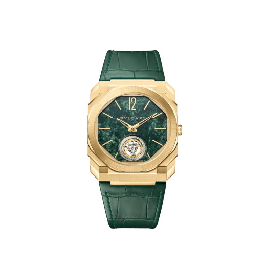 Octo Finissimo Marble Tourbillon watch with mechanical manufacture ultra-thin movement (1.95 mm thin), manual winding, flying tourbillon, satin-polished 18 kt yellow gold case, Verde Alpi green marble dial, yellow gold-plated hands and indexes and green alligator bracelet. Water-resistant up to 30 metres 104171 image 1