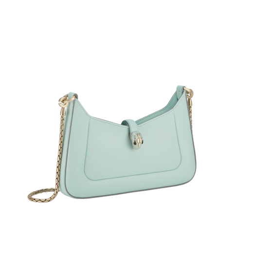 Serpenti Baia small shoulder bag in aquamarine Metropolitan calf leather with foggy opal grey nappa leather lining. Captivating snakehead magnetic closure in light gold-plated brass embellished with aquamarine enamel and light gold-plated brass scales, and black onyx eyes; additional zipped top closure. 293631 image 2