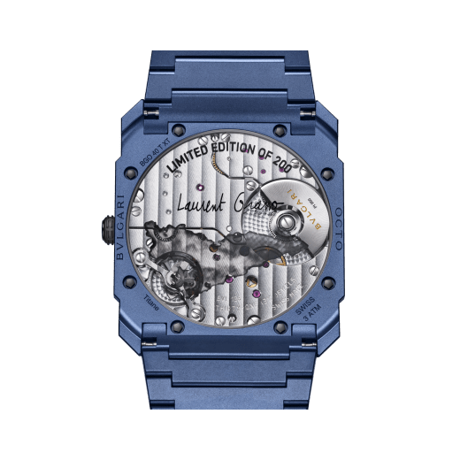 Octo Finissimo Laurent Grasso Special Edition watch with mechanical manufacture ultra-thin movement, automatic winding, titanium case and bracelet with blue PVD coating, and personalised brass dial with a 7-pass serigraphy by Laurent Grasso. Water resistant up to 30 metres. Limited Edition of 200 pieces. 104005 image 2