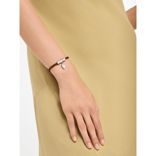Serpenti Forever bracelet in chestnut opal braided calf leather. Palladium-plated brass captivating snakehead charm attached to the front clasp closure. SERP-HER-BRAID-chestopal image 1