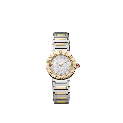 Bvlgari Bvlgari watch in 18 kt yellow gold and polished and satin-brushed stainless steel, double logo engraving on the bezel, white mother-of-pearl mosaic dial and 12 diamond indexes. Water-resistant up to 30 metres 104277 image 1