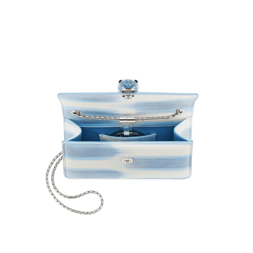 “Serpenti Forever” crossbody bag in multicolor "Shaded" karung skin with a pearled effect, and an Aquamarine light blue nappa leather internal lining. Tempting snakehead closure in palladium-plated brass, embellished with pearled lilac and matte Aquamarine light blue enamel, and black onyx eyes. 422-MK image 4