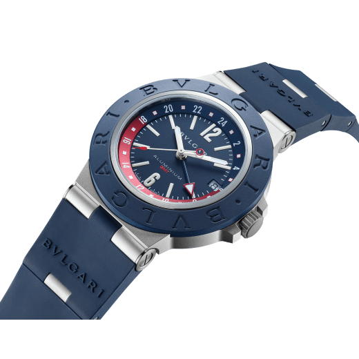 BVLGARI Aluminium GMT watch with mechanical movement, automatic winding, GMT 24h function, 40 mm aluminium case, blue rubber bezel with double logo engraving, blue dial, SLN indexes and hands, titanium caseback, aluminium links and blue rubber bracelet. Water-resistant up to 100 metres 103554 image 2