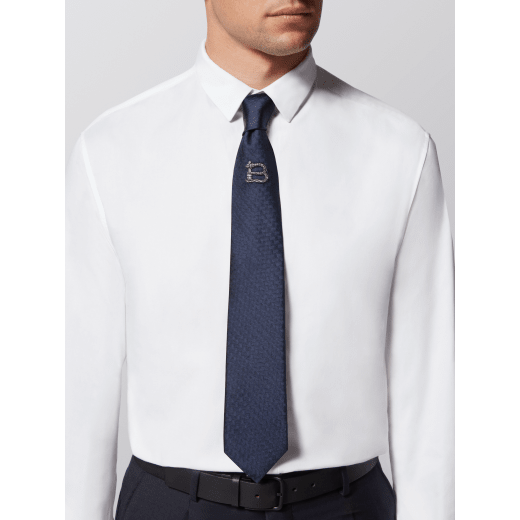 Navy "B3D" pattern tie in fine jacquard silk. B3D image 1