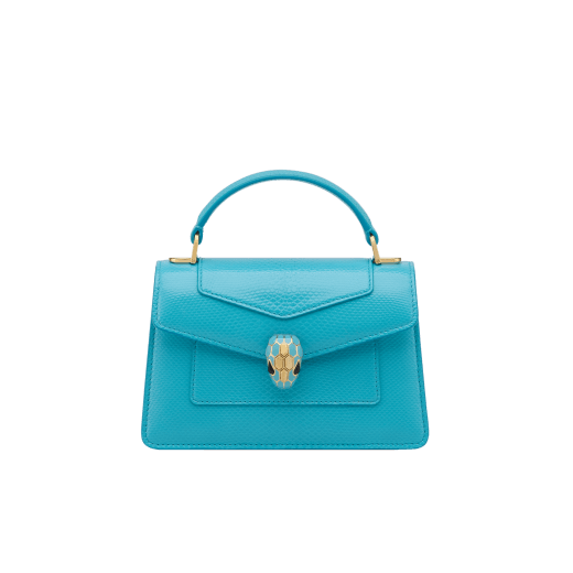 Serpenti Forever mini top handle bag in linden peridot yellowish green Pure karung skin with crystal rose pink nappa leather lining. Captivating snakehead magnetic closure in light gold-plated brass embellished with linden peridot yellowish green enamel and light gold-plated brass scales, and black onyx eyes. SEA-1283-EX image 1