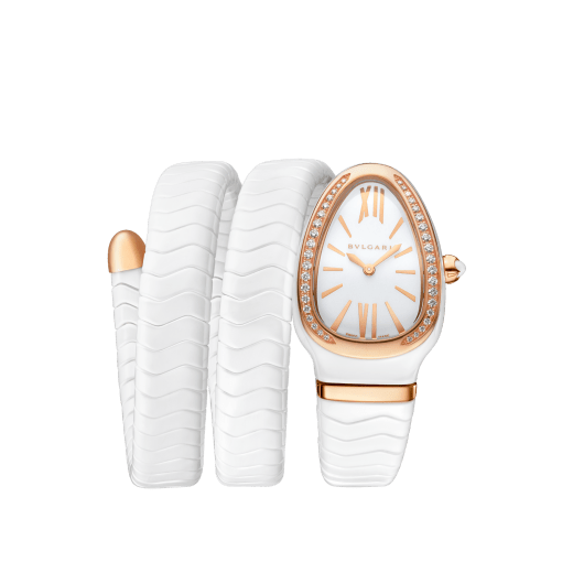 Serpenti Spiga watch with white ceramic case, 18 kt rose gold bezel set with diamonds, white lacquered polished dial and double spiral bracelet in white ceramic and 18 kt rose gold elements. 102886 image 1
