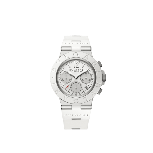 Bvlgari Aluminium Special Edition Chronograph watch with mechanical manufacture movement, automatic winding and chronograph, 40 mm sandblasted aluminium case, white rubber bezel and bracelet, and varnish white dial. Water-resistant up to 100 metres 104235 image 1