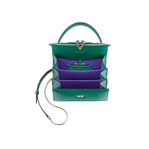 “Serpenti Forever ” top-handle bag in Lavender Amethyst lilac calf leather with Reef Coral red grosgrain inner lining. Iconic snakehead closure in light gold-plated brass embellished with black and white agate enamel and green malachite eyes. 1122-CLa image 4