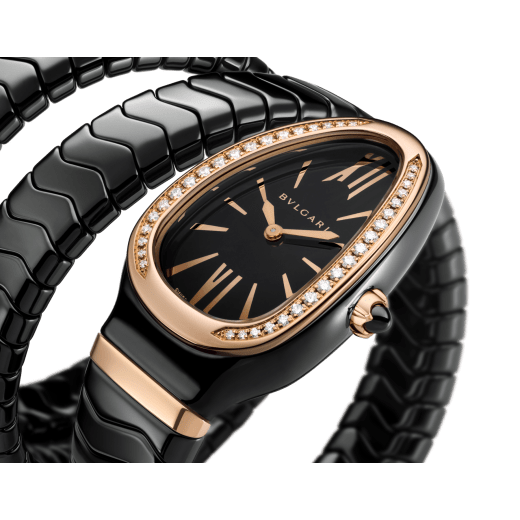 Serpenti Spiga watch with black ceramic case, 18 kt rose gold bezel set with diamonds, black lacquered polished dial and double spiral bracelet in black ceramic and 18 kt rose gold elements. 102885 image 2