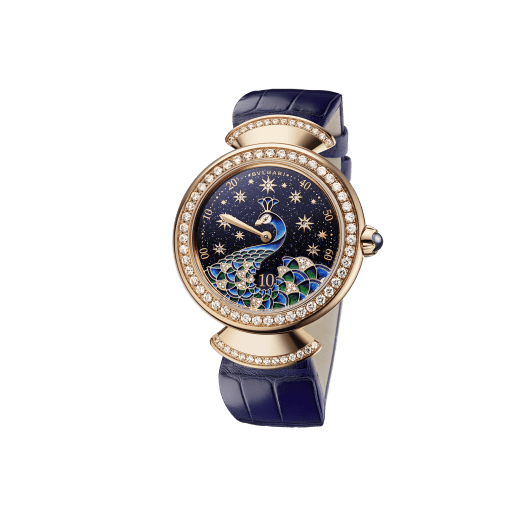 DIVAS' DREAM watch with mechanical manufacture movement, automatic winding, jumping hours and retrograde minutes (180°). 18 kt rose gold case, 18 kt rose gold bezel and fan-shaped links both set with brilliant-cut diamonds, aventurine dial with miniature painted peacock, stars and indexes in brilliant-cut diamonds, blue alligator strap 103114 image 2