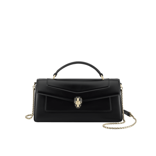 Serpenti Forever Elongated top handle bag in black calf leather with black nappa leather lining. Captivating snakehead magnetic closure in light gold-plated brass embellished with black enamel and light gold-plated brass scales, and black onyx eyes. SEA-001-1390S image 4