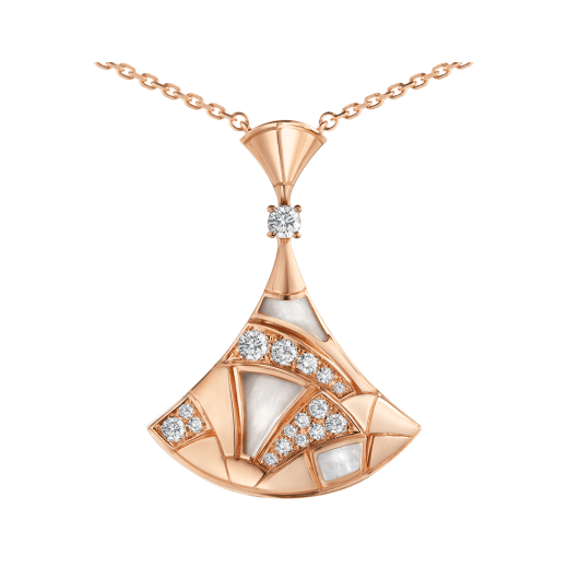 DIVAS' DREAM necklace in 18 kt rose gold with pendant set with mother-of-pearl elements, one diamond and pavé diamonds. 350065 image 3
