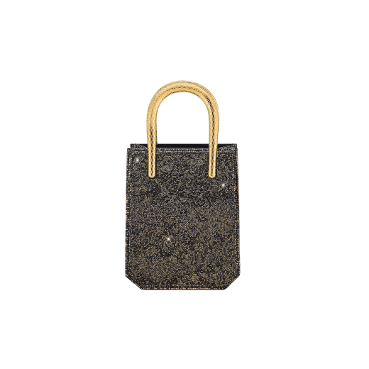 Serpentine mini tote bag in black with black crystals inserts hand-set on suede leather and black nappa leather lining. Captivating snake body-shaped handles in light gold-plated brass embellished with engraved scales and red enamel eyes. 293916 image 3