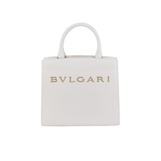 Bulgari Logo small tote bag in foggy opal grey smooth and grained calf leather with linen agate beige grosgrain lining. Iconic Bulgari logo decorative chain in light gold-plated brass, with hook fastening. BVL-1202SCLL image 1