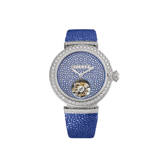 LVCEA Tourbillon Limited Edition watch with mechanical manufacture movement, automatic winding, see-through tourbillon, 18 kt white gold case set with round brilliant-cut diamonds, full-pavé dial with round brilliant-cut diamonds and blue colour finish, and blue galuchat bracelet 102881 image 1