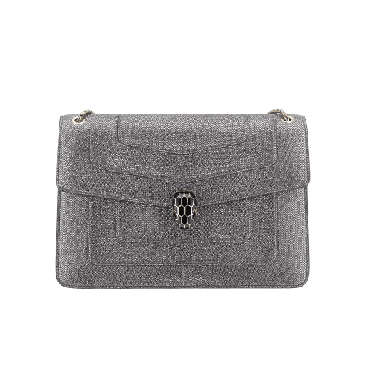 “Serpenti Forever” shoulder bag in Charcoal Diamond grey metallic karung skin with Charcoal Diamond grey nappa leather internal lining. Tempting snakehead closure light gold plated brass enriched with black and glitter Hawk's Eye grey enamel and black onyx eyes. 1089-MK image 1