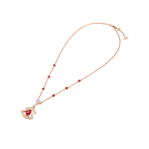 Durchbrochene DIVAS' DREAM Halskette aus 18 Karat Roségold mit einem Rubin in Tropfenform, runden Rubinen im Brillantschliff, einem runden Diamanten im Brillantschliff und Diamant-Pavé 356953 image 2