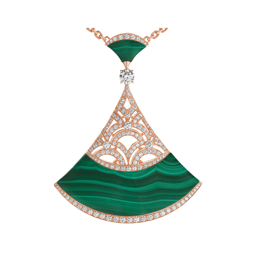 Divas’ Dream necklace with 18 kt rose gold chain set with malachite beads and diamonds, and 18 kt rose gold openwork pendant set with a diamond (0.50 ct), pavé diamonds and malachite inserts. 358222 image 3