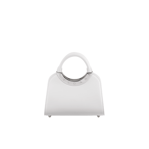 Bvlgari Roma mini top handle bag in flash diamond white Metropolitan calf leather with milky opal nappa leather lining. Iconic metal detail in palladium-plated brass engraved with the Bvlgari logo, and magnetic press-button closure. BVR-001-1310XS-CALF image 1