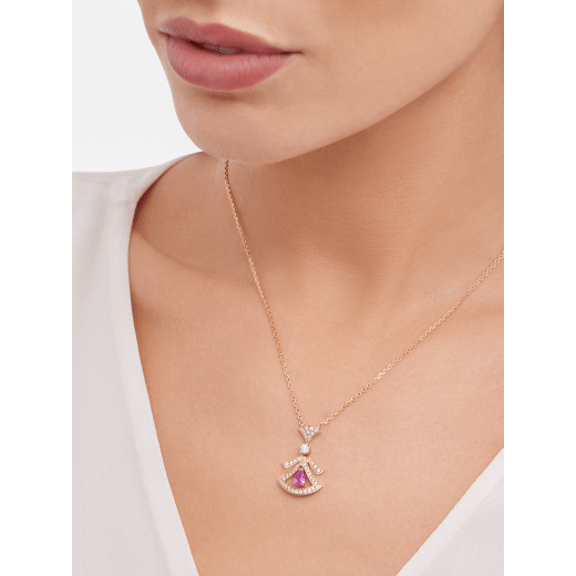 Divas' Dream necklace in 18 kt rose gold set with a pear-shaped pink sapphire, a round brilliant-cut diamond and pavé diamonds. Chinese Valentine's Day Special Edition 360615 image 1