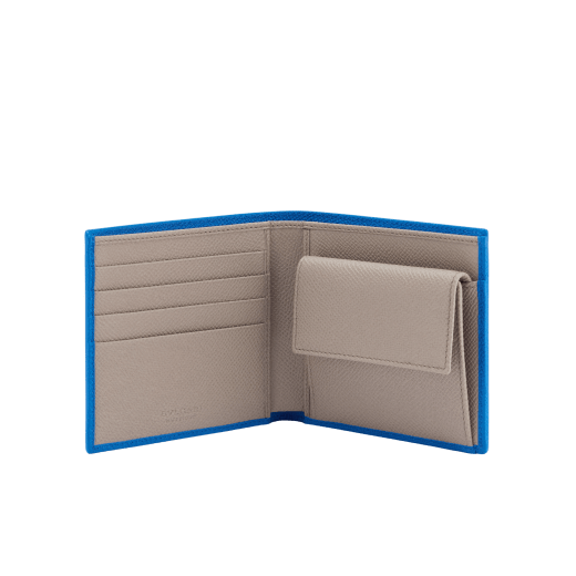 BULGARI BULGARI Man compact wallet in foggy opal grey grain calf leather with forest emerald green grain calf leather interior. Iconic palladium-plated brass décor and folded closure. BBM-WLT-ITAL-gclc image 2