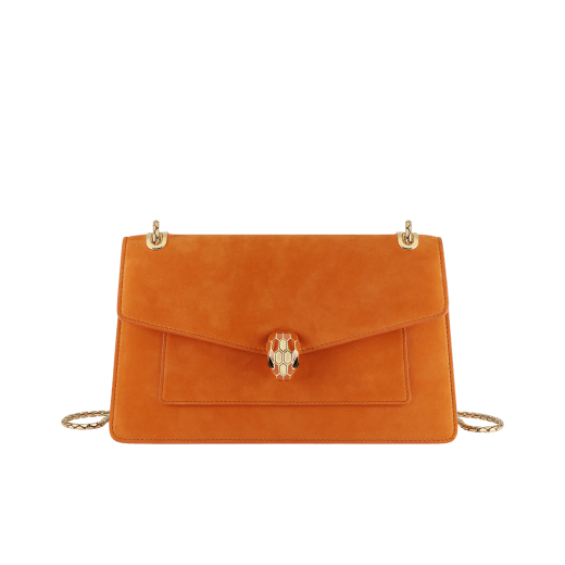 Serpenti Forever medium shoulder bag in black calf leather with black nappa leather lining. Captivating snakehead magnetic closure in light gold-plated brass embellished with beige noisette enamel and light gold-plated brass scales, and black onyx eyes. SEA-001-1344M image 1