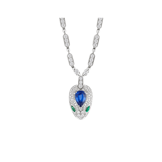 Serpenti 18 kt white gold necklace set with a blue sapphire on the head, emerald eyes and pavé diamonds 355354 image 1